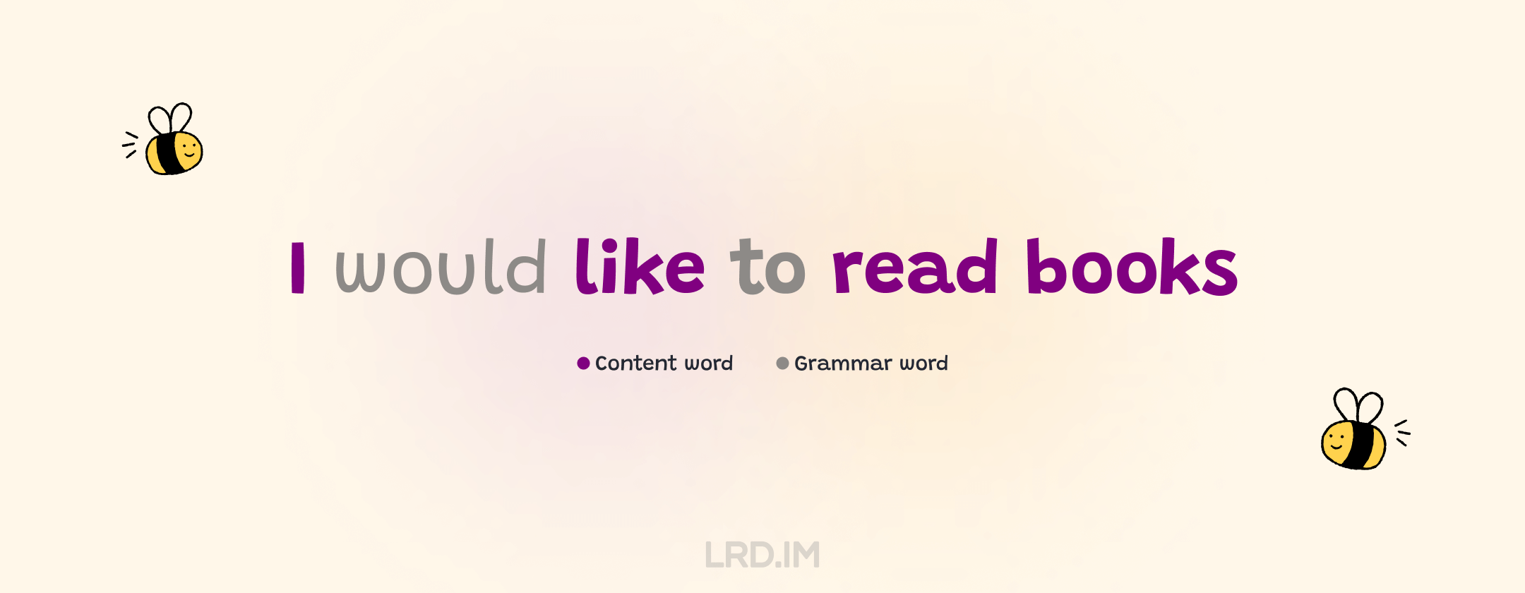 In the sentence "I would like to read books," the content words are "I", "like," "read," and "books," while the grammar words are "would" and "to."