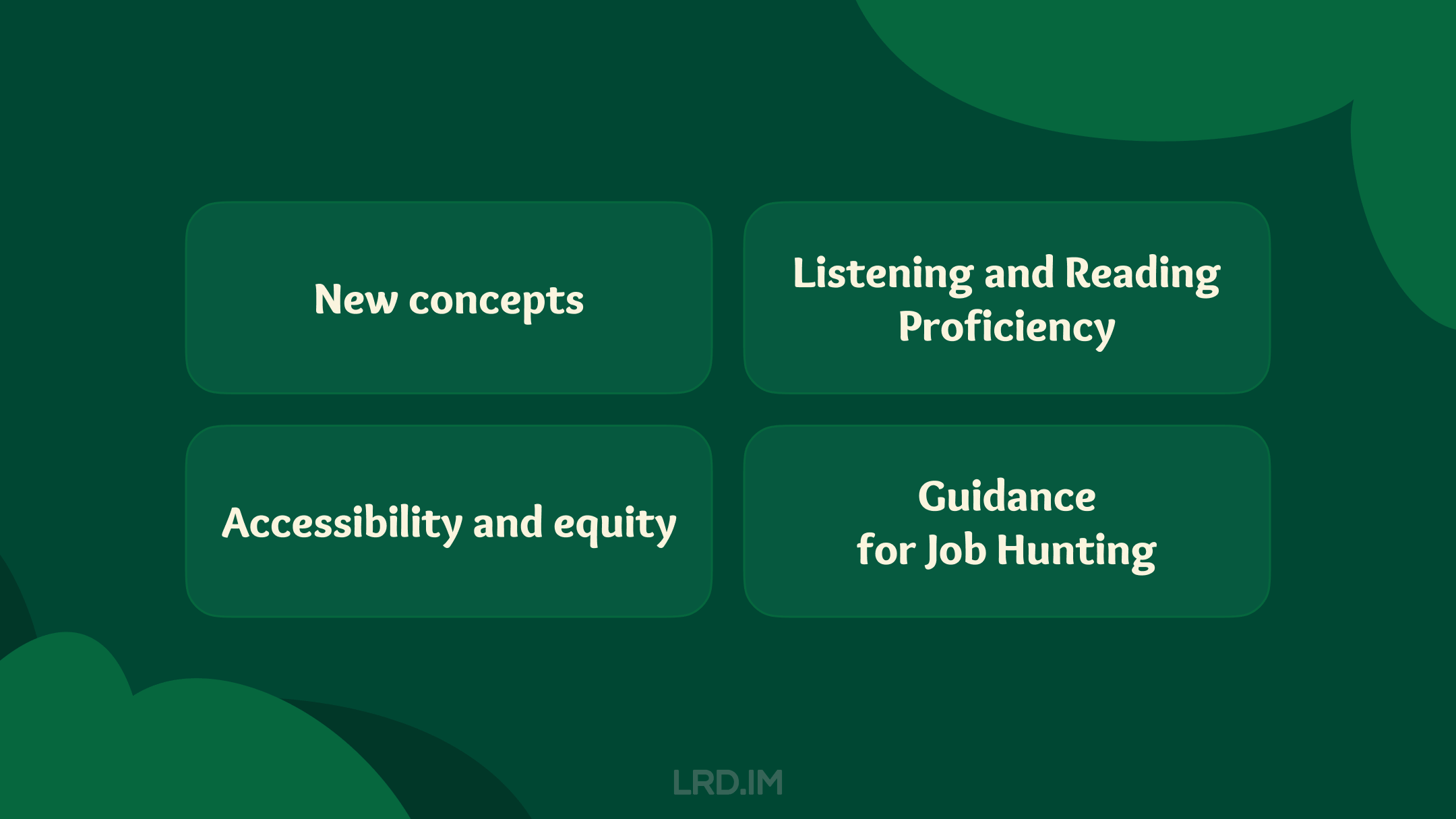 The image shows a dark green presentation slide with four text boxes labeled “New concepts,” “Listening and Reading Proficiency,” “Accessibility and equity,” and “Guidance for Job Hunting.” The text is in white and each box has a rounded edge.