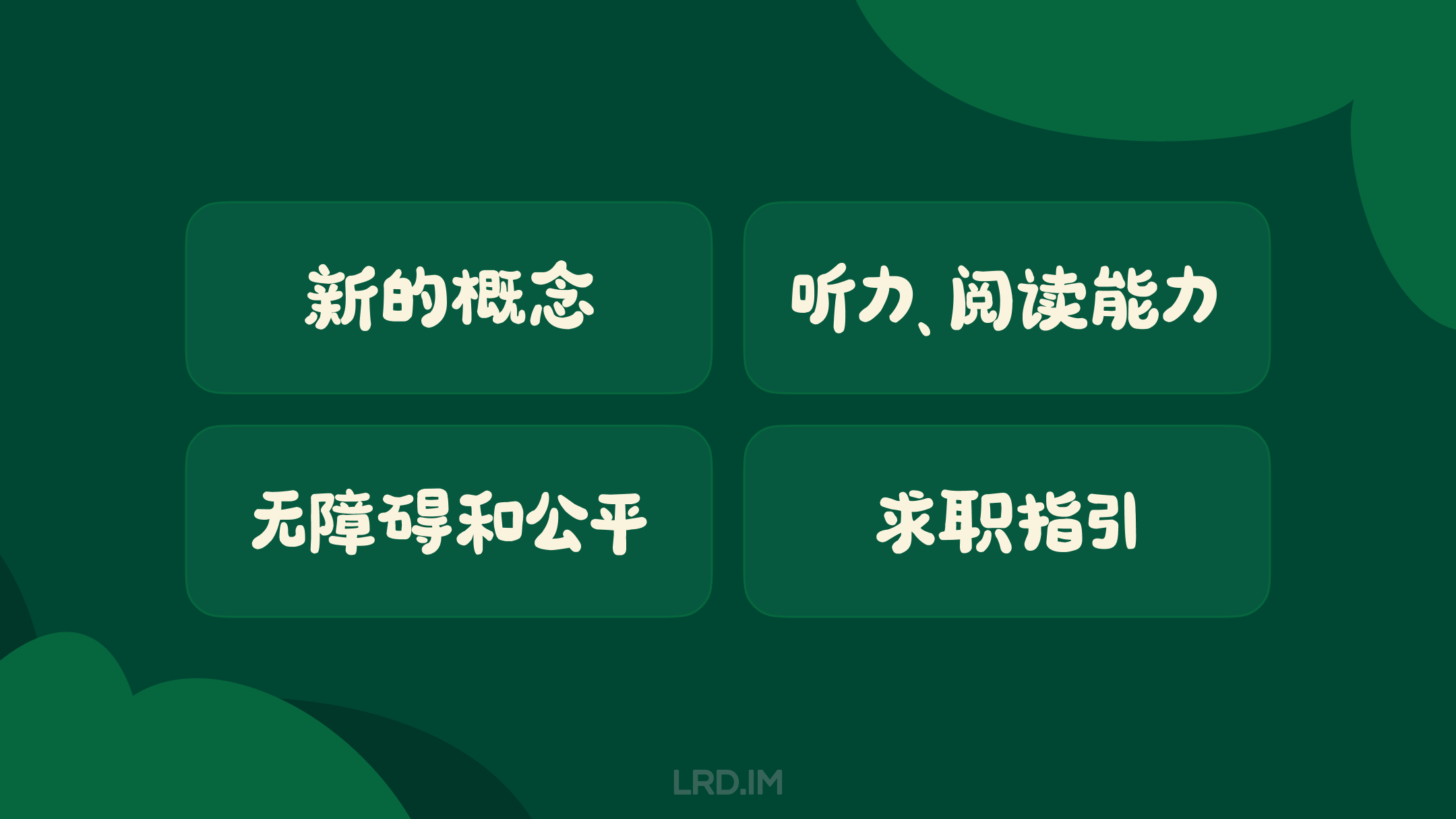 图片中央展示四个方框，每个方框内部都用白色中文文字标识了不同的概念：“新的概念”，“听力、阅读能力”，“无障碍和公平”，“求职指引”。