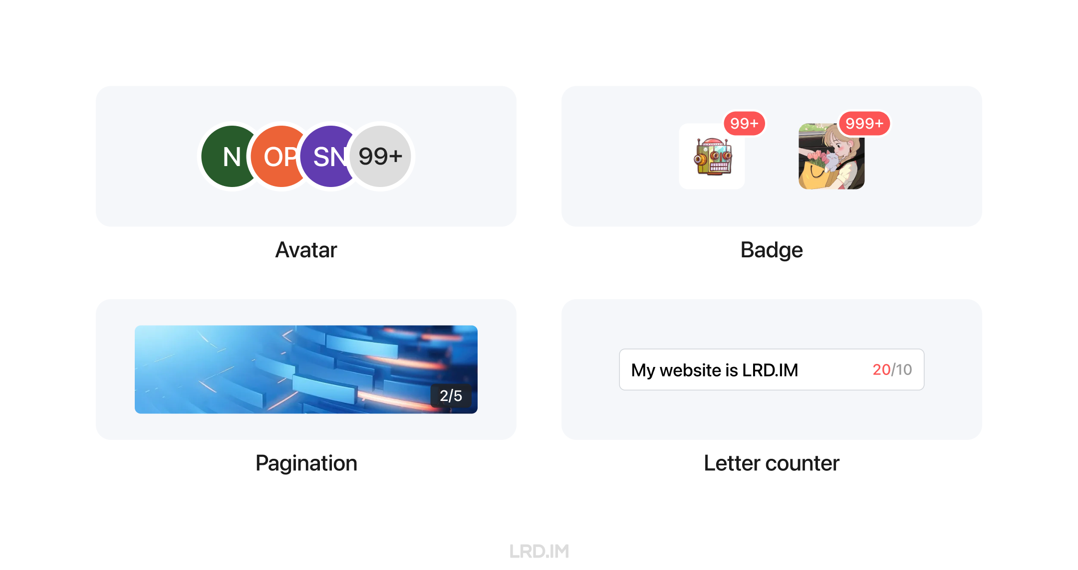 Display of various UI components using Case-Sensitive Forms in Figma, including Avatar icons with notification counts, Badge icons with user images, a pagination interface, and a letter counter showing 'My website is LRD.IM'.