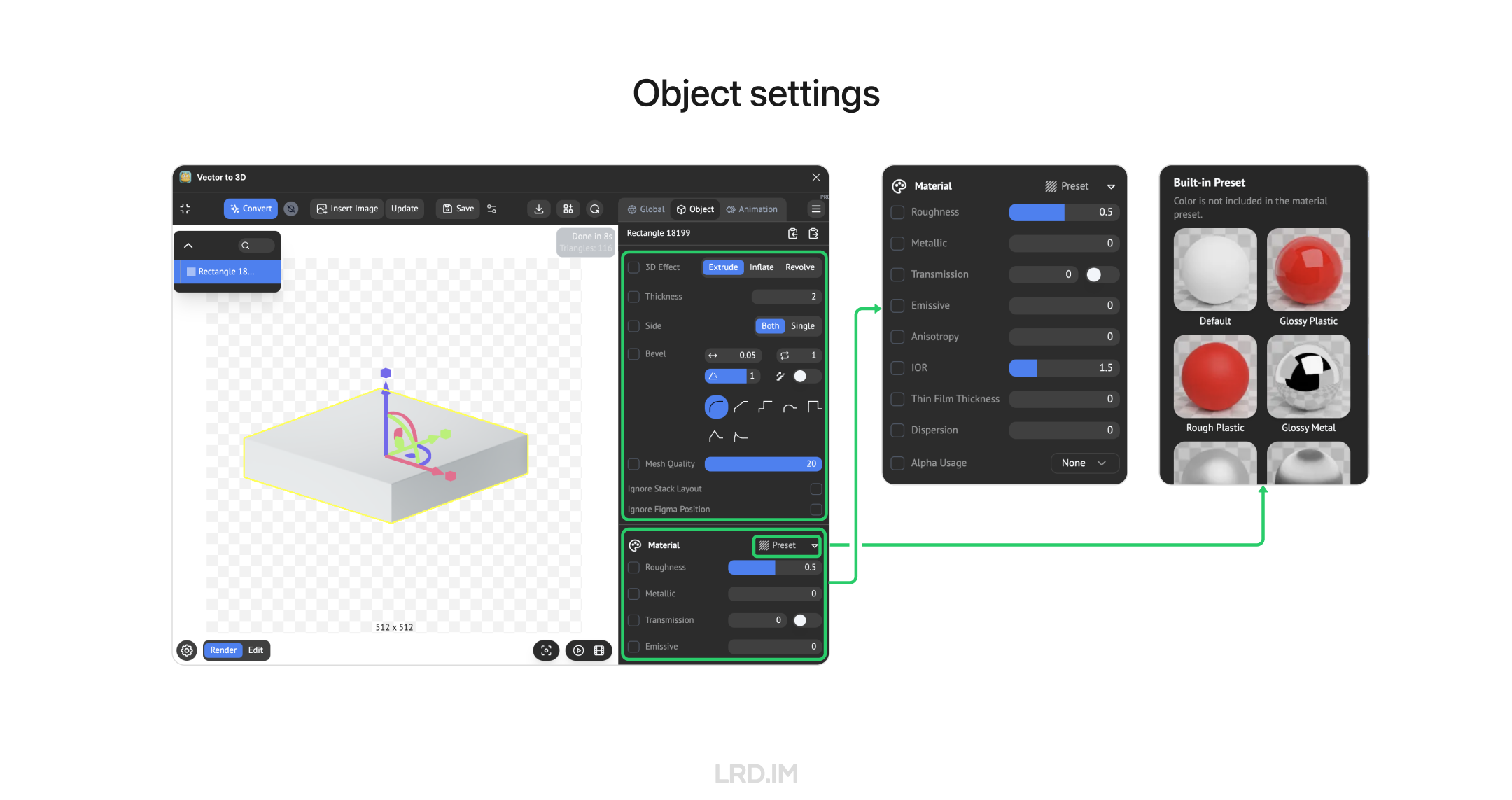 A screenshot of the configuration interface for individual objects within the Figma plugin ‘Vector to 3D’ displays options for adjusting specific parameters of the 3D object, such as material, color, and refractive index, along with material preset selection.