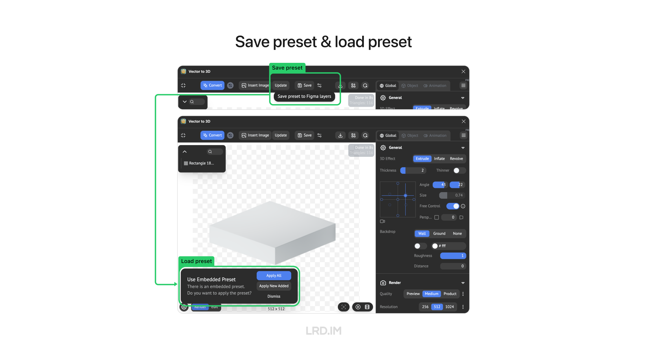 A screenshot of the configuration saving and loading interface of the Figma plugin ‘Vector to 3D’ shows how to save the current configuration to a Figma layer and how to load preset configurations onto 3D objects.