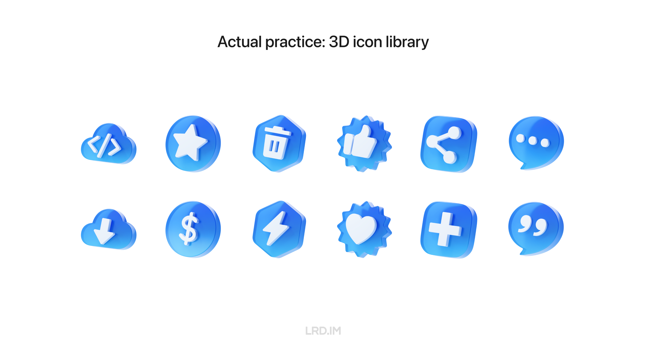 A screenshot shows a blue 3D glass-style icon library, including symbols such as code, star, trash can, like, share, chat bubble, download, dollar sign, lightning, heart, plus sign, and quotation marks.